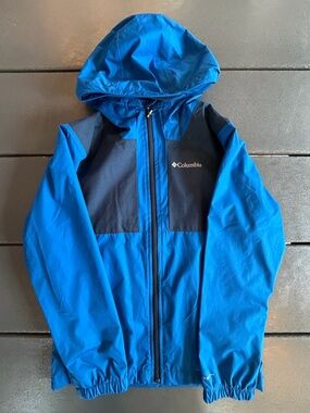 Columbia Bright Blue and Navy Hooded Rain Jacket